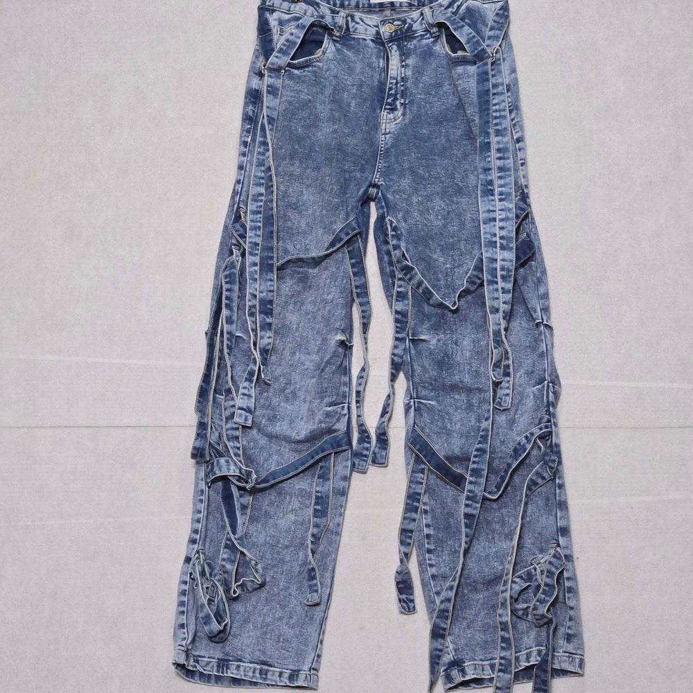 LABIJOU Womens Acid Wash‎ Distressed Strappy Jeans Size L
